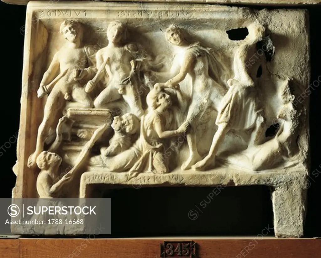 Relief from alabaster urn depicting Aegisthus and Clytemnestra being murdered