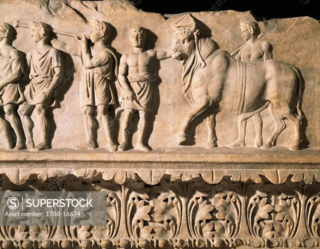 Italy, Rome, Temple of Apollo Sosianus, frieze of triumphal cortege for victory upon Judaeans in 34 B.C.