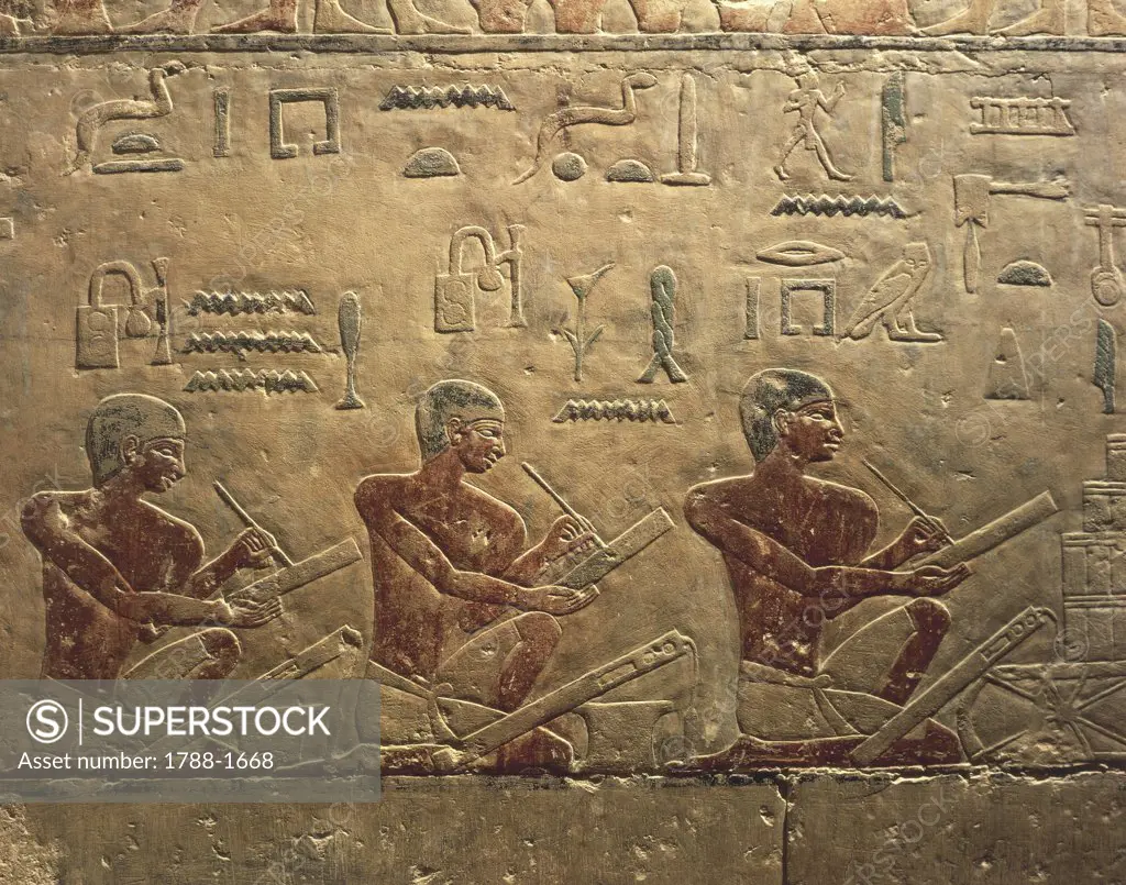 Egypt - Cairo - Ancient Memphis (UNESCO World Heritage List, 1979). Saqqara. Necropolis, 5th Dynasty. Funerary mastaba of Ti. Relief of scribes