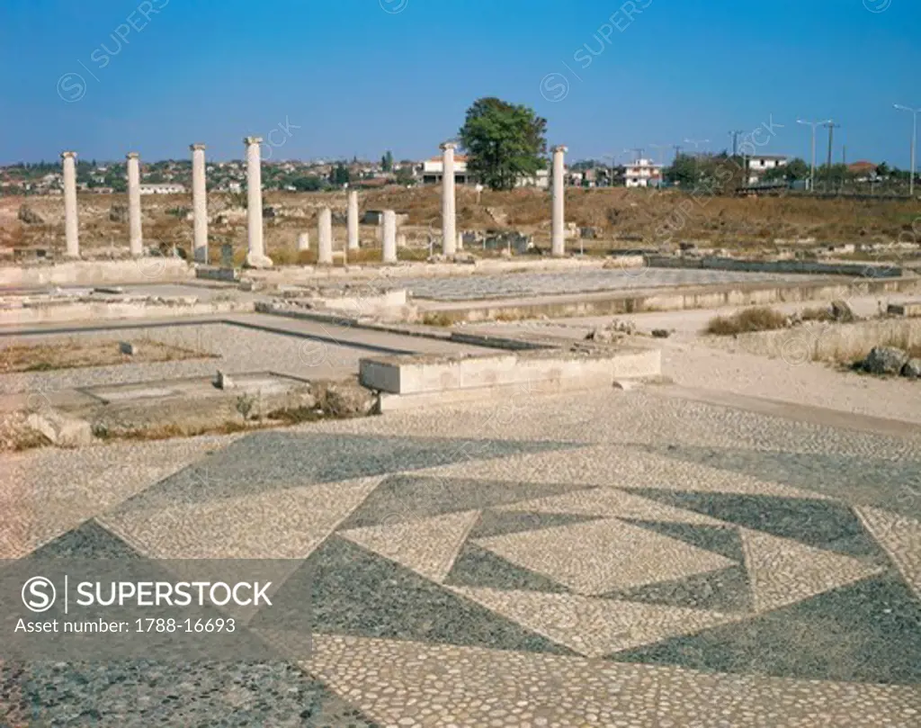 Greece, Pella, house with mosaic floor decorated with geometric motifs at ancient capital of Macedonia