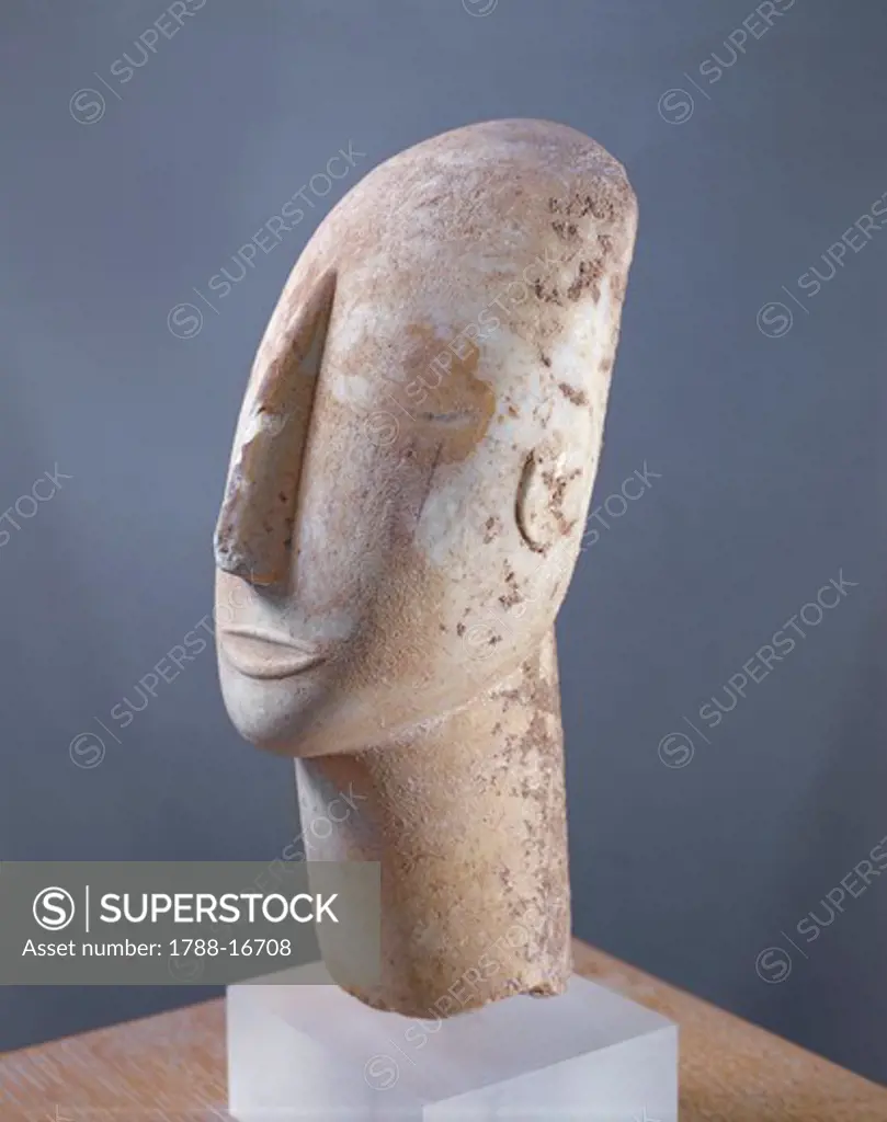 Parian marble head of idol, from Amorgos, Greece