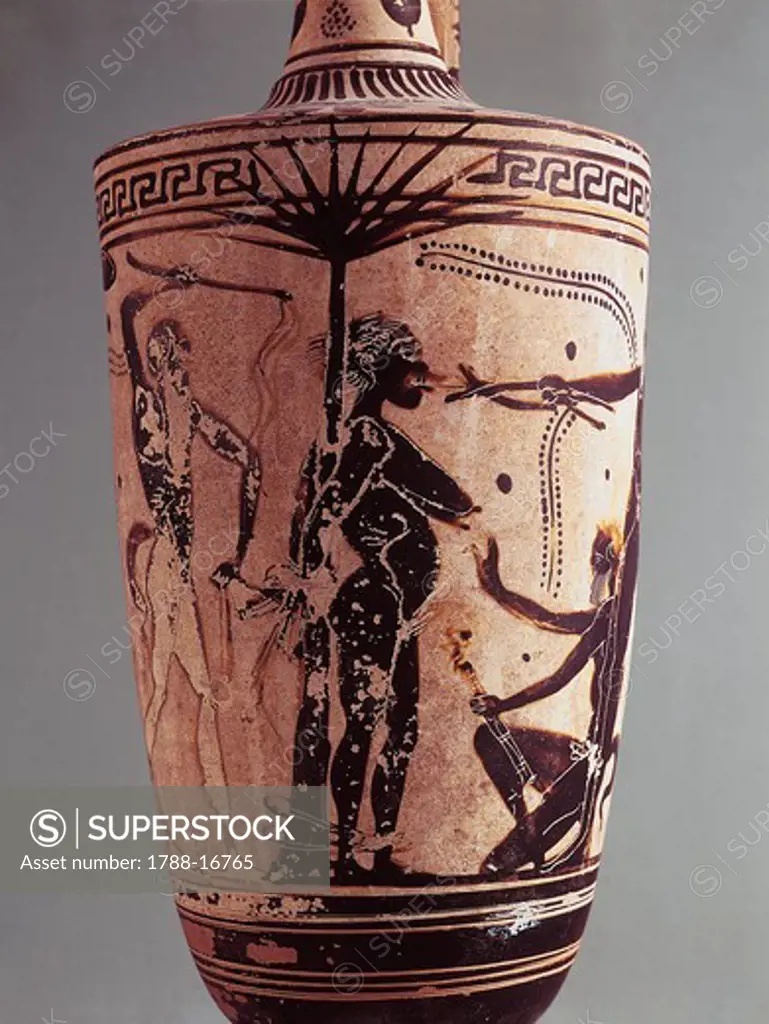 Detail of Painted vase depicting Lamia being tortured by five satyrs, 5th Century B.C.