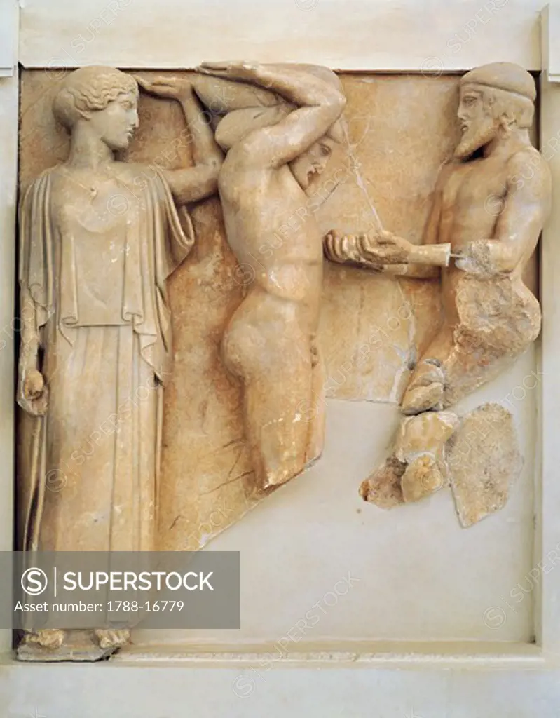 Metope from temple of Zeus with Labours of Heracles, detail of Heracles receiving apples of Hesperides, Circa 460 B.C.