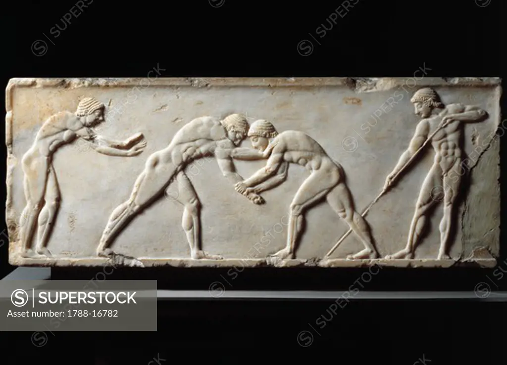 Stele relief depicting a wrestling competition between athletes, from Kerameikos necropolis, Athens, Grece, Circa 510 B.C.