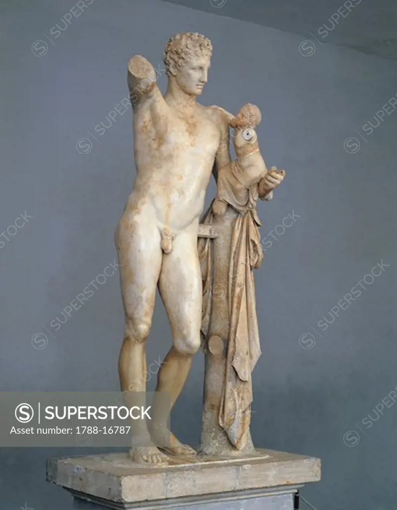 Parian marble statue of Hermes holding infant Dionysus by Praxiteles, from Temple of Hera at Olympia, Greece