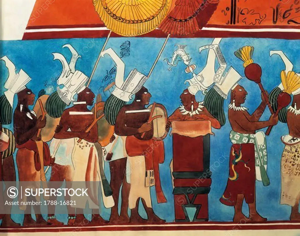Reconstruction of Bonampak frescoes from 9th Century, detail representing procession of musicians