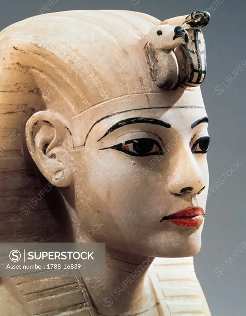Ancient Egyptian painted alabaster head from Treasure of Tutankhamen, New Kingdom, XVIII Dynasty
