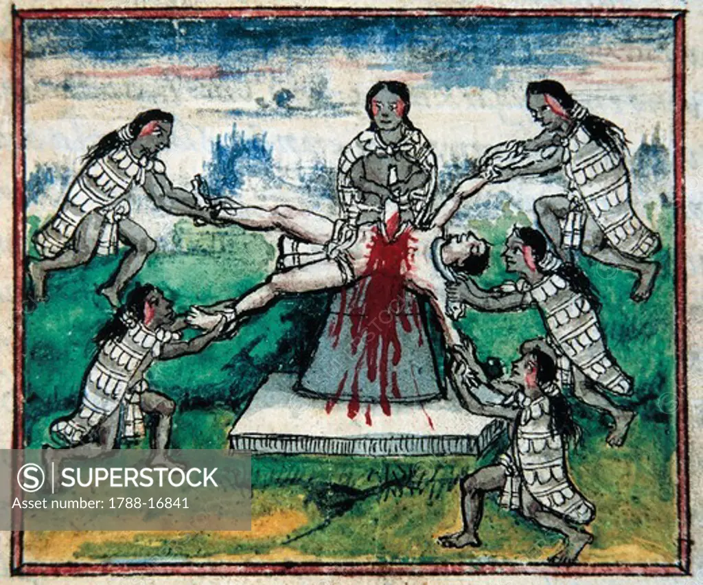 Miniature depictiong human sacrifice, from Mexican manuscript entitled The History of the Indies of New Spain by Diego Duran, 1579