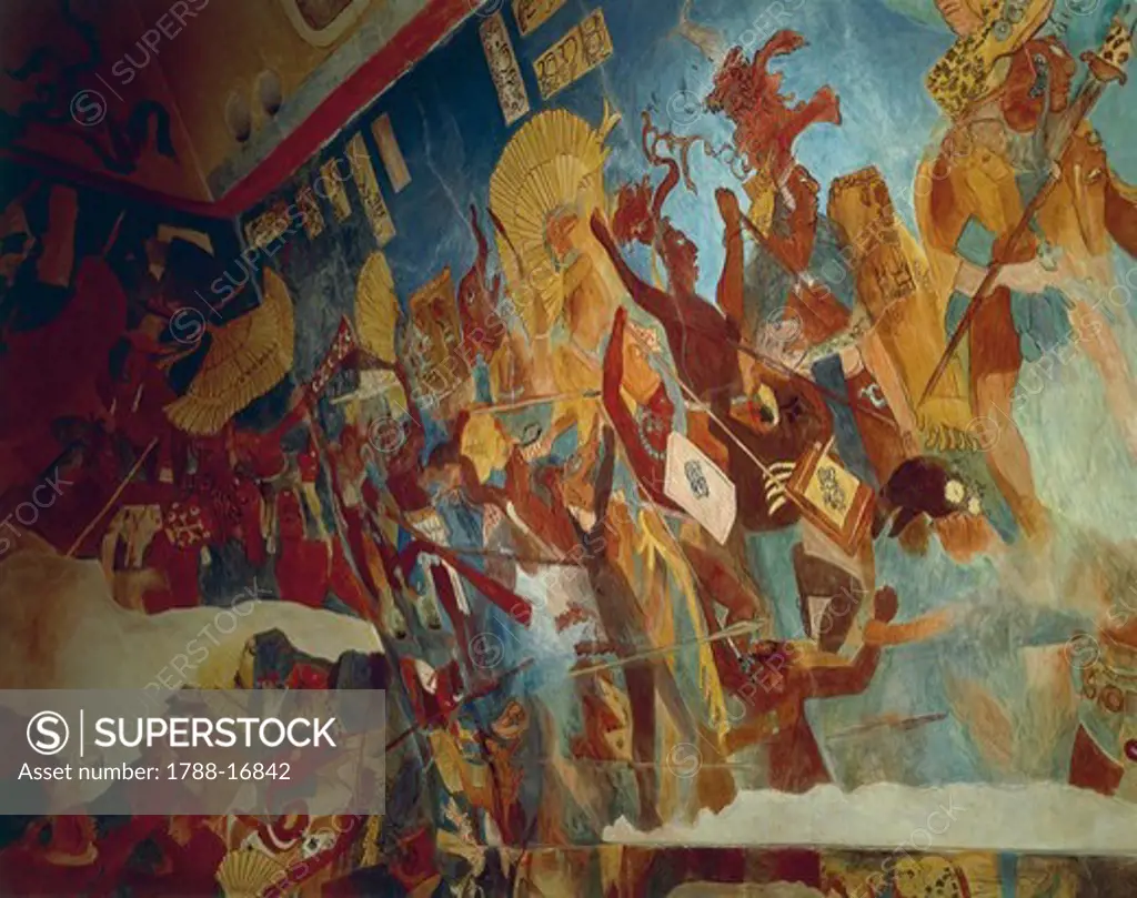 Reconstruction of Bonampak frescoes from 9th Century, with war scene