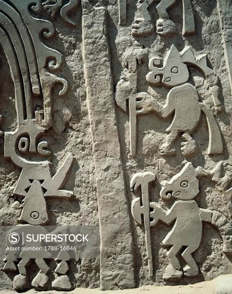 Peru, La Libertad, Surroundings of Trujillo, Chimu civilization. Chan Chan, archaeological site, pyramidal temple Huaca el Dragon, detail of the relief's