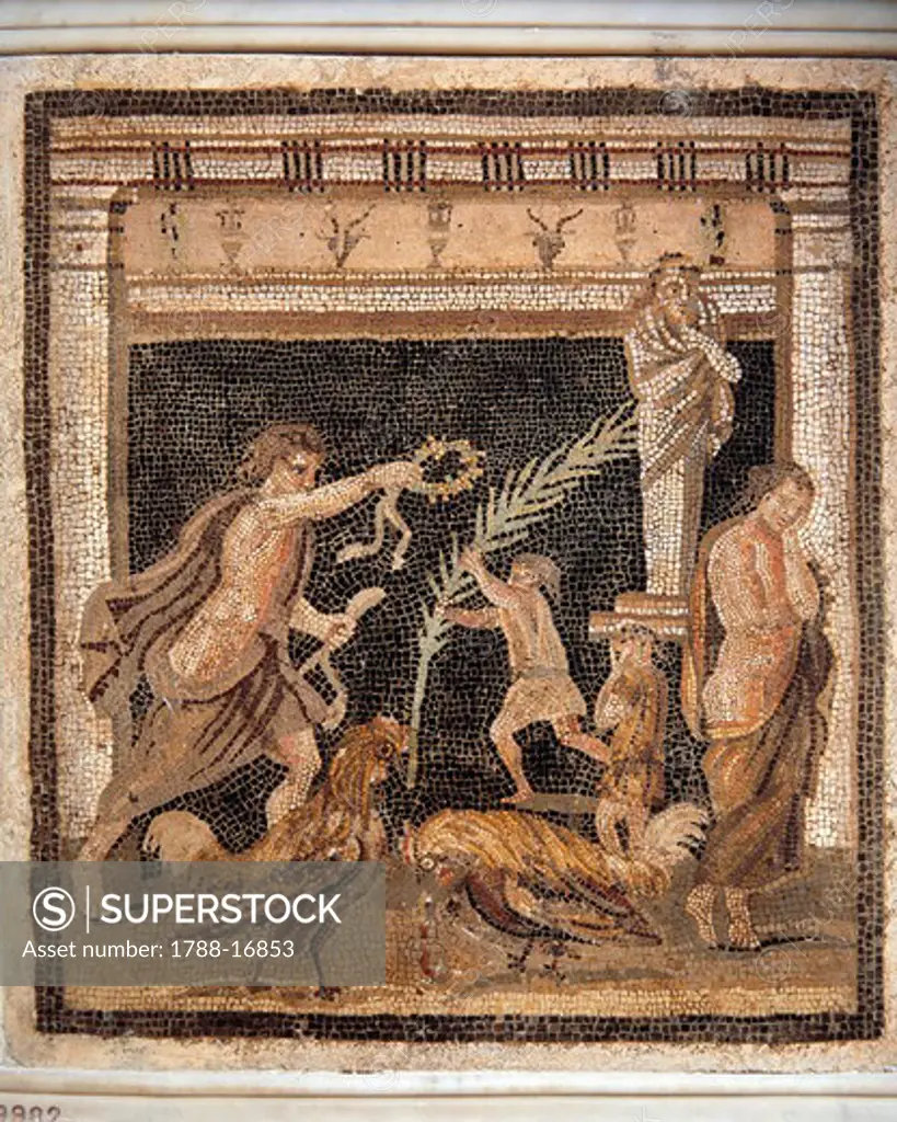 Mosaic depicting worship scene and cockfight, Roman civilization