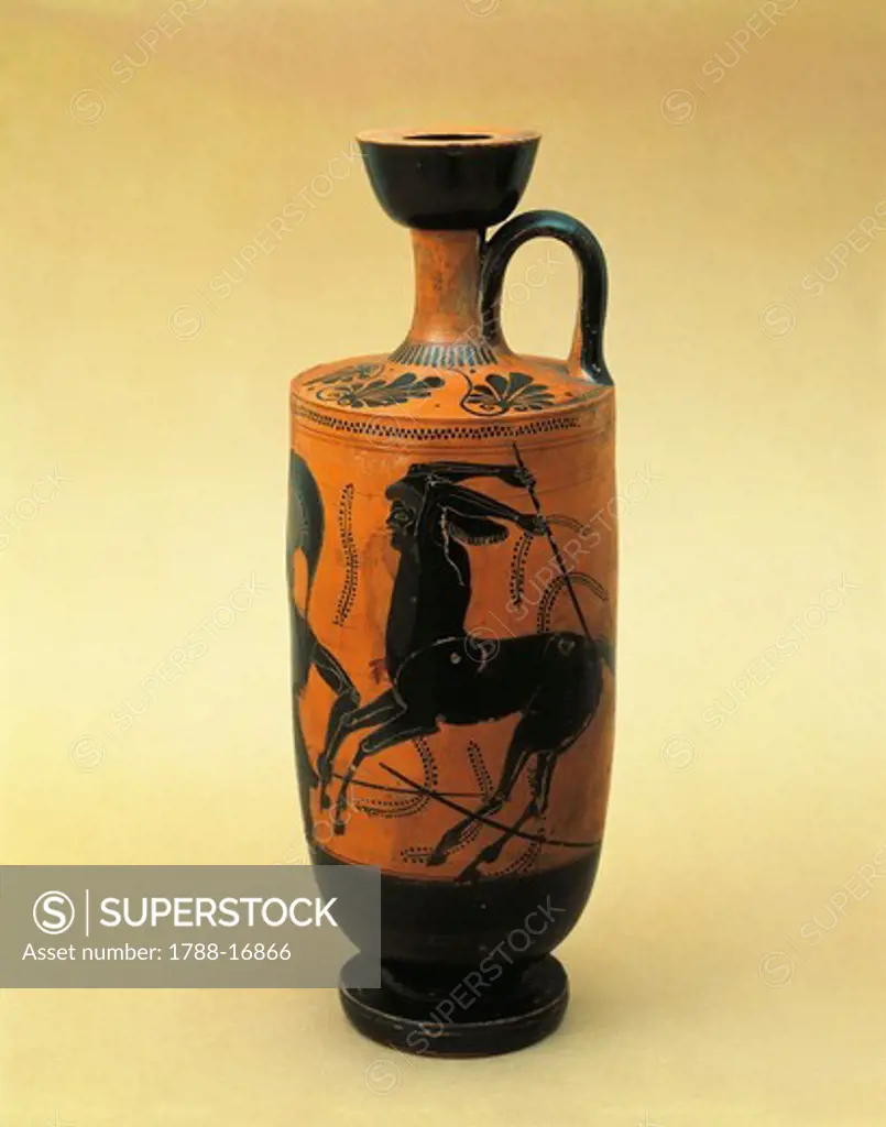 Black-figure pottery. Lekythos depicting battle between Lapiths and Centaurs, 520-510 B.C.