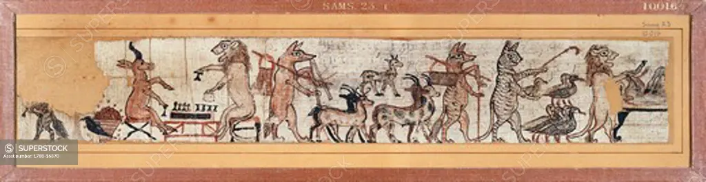 Papyrus depicting satiric scenes: animals behaving like human beings, 1250-1150 B.C.