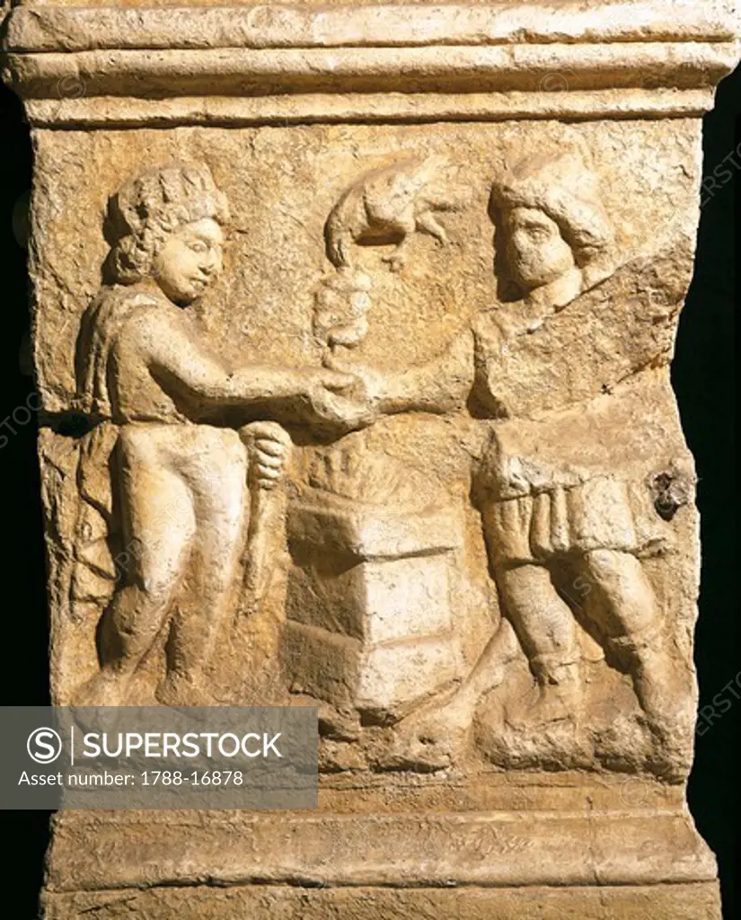 Altar dedicated to Emperor Gallienus health depicting pact between Sun and Mithra. Roman civilization.