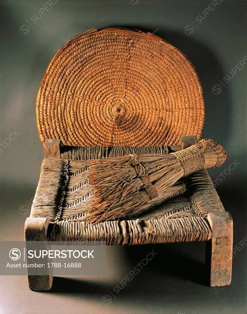 Home furnishings: fiber basket, wood stool and broom from Deir el Medina, New Kingdom
