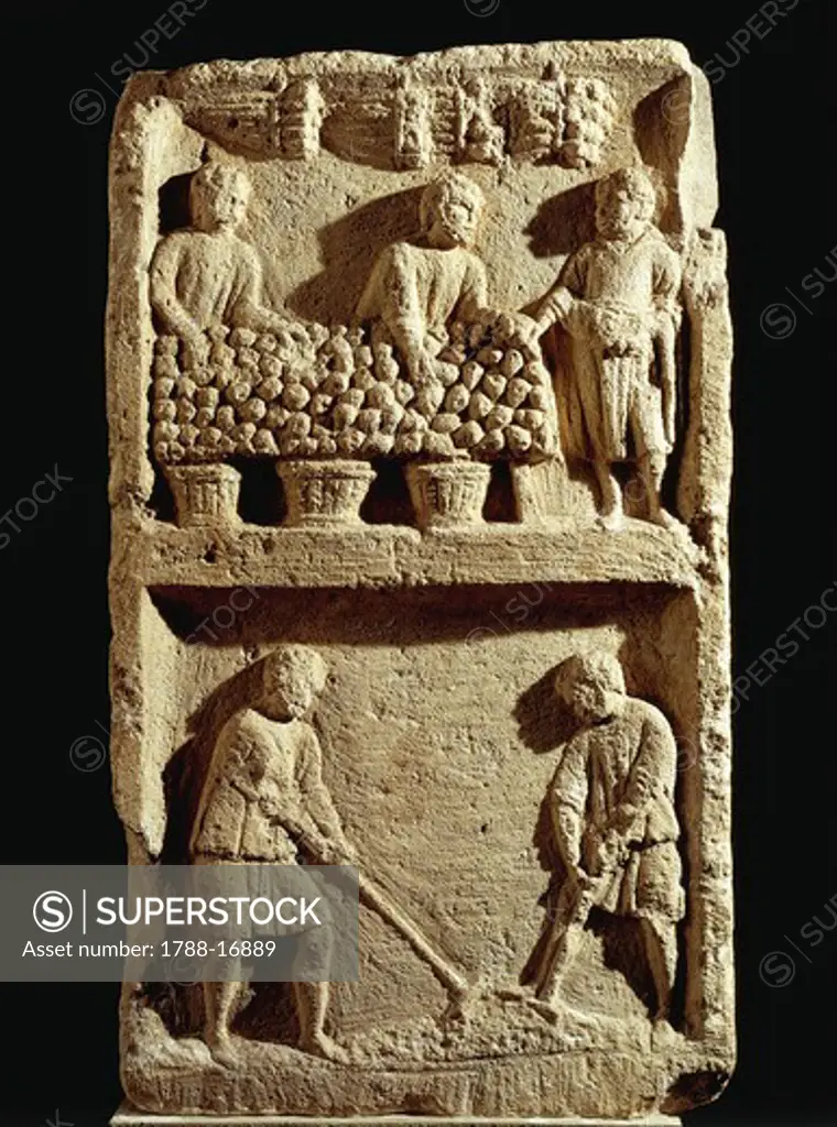 Pillar of the Farmer: fruit market and two peasants working the land from France, Roman civilization