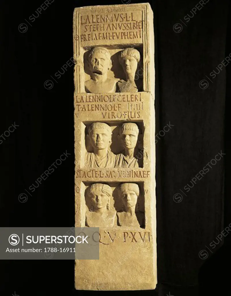 Stele of liberti (freedmen) Alennii family, from the Rhine riverbed, copy from the Civic Museum of Bologna, Italy