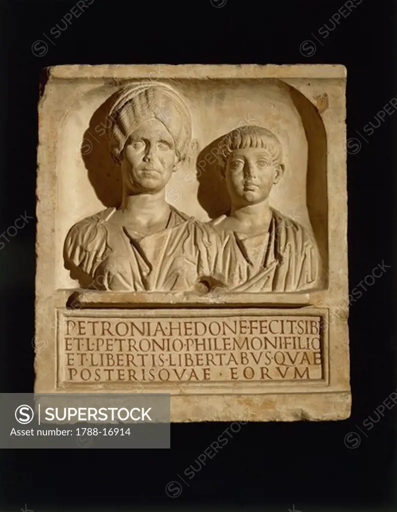 Marble funerary stele of Petronia Hedone and her son Lucius Petronius Philemon, from Naples, Italy