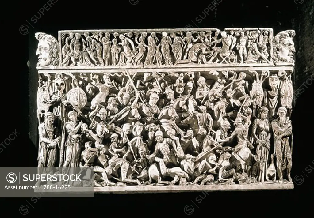 Sarcophagus depicting clashes of Barbarian and Roman cavalries, possibly from Marcus Aurelius' German Wars