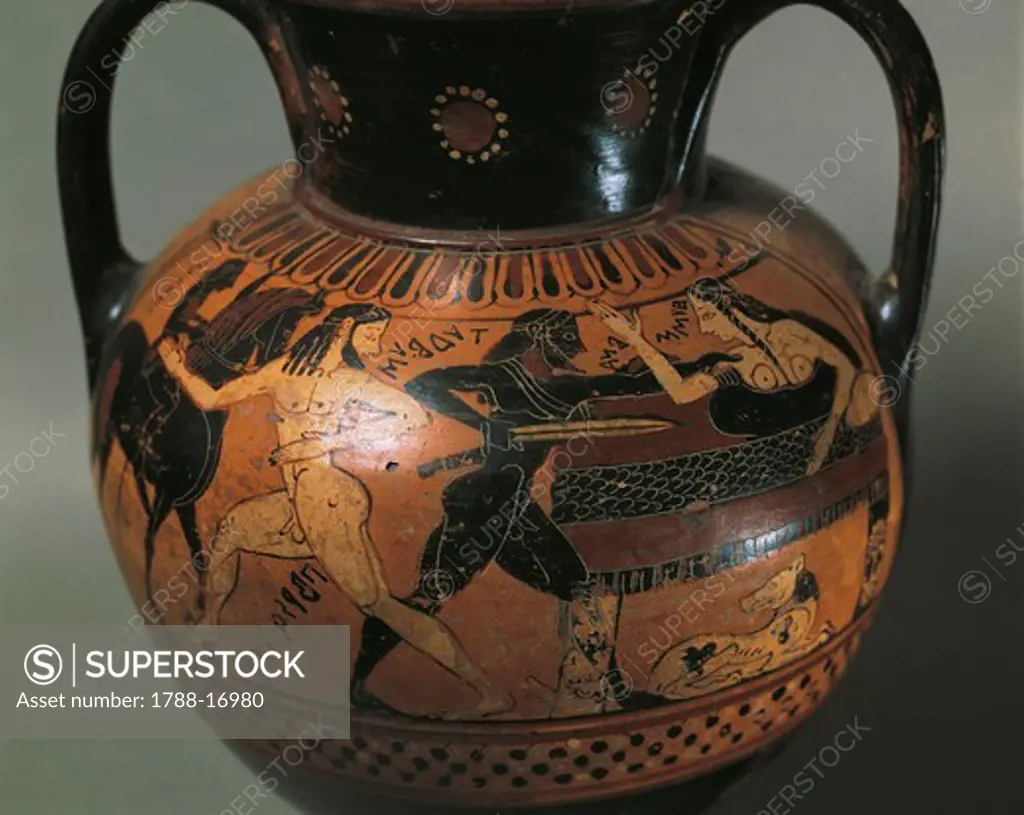 Etrusco-Corinthian amphora depicting Tydeus killing Ismene and Periclymenus fleeing, from Cerveteri, Rome Province, Italy