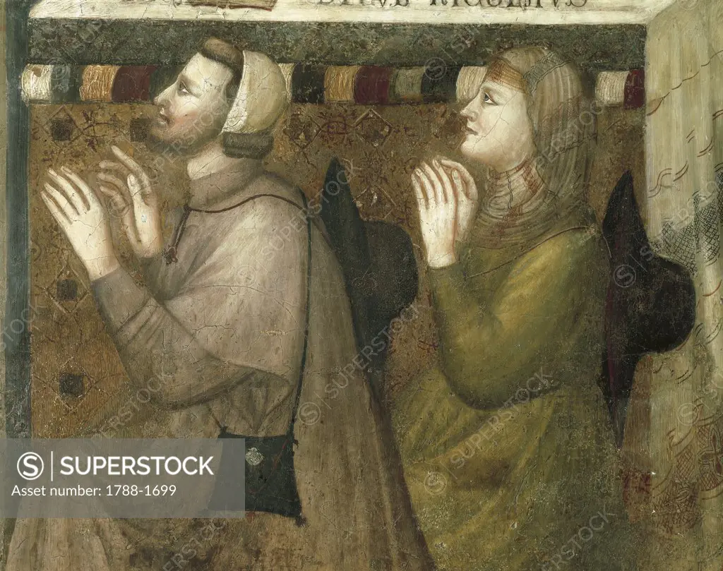Italy - Marches Region - Tolentino - (Macerata province) - Basilica of St. Nicholas. Cappelone by the anonymous Master of Tolentino (14th century). St. Nicholas' life: Saint's parents praying on a pilgrimage, fresco