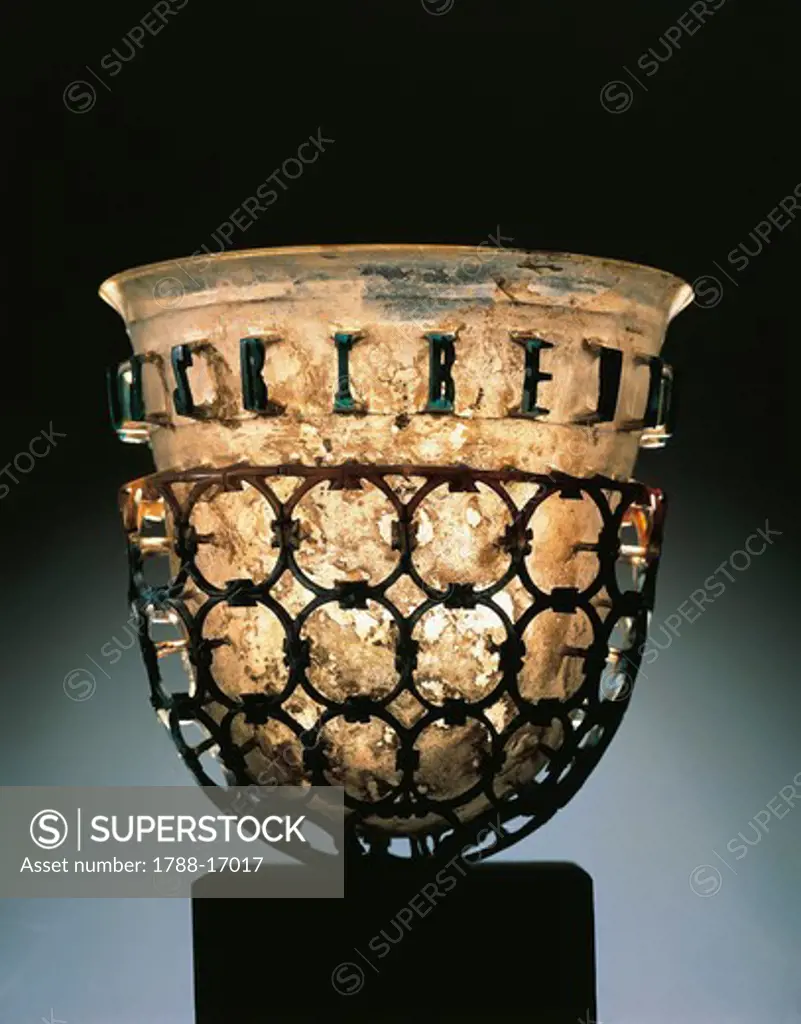 Roman glass cup with cage decoration and inscription known as Trivulzio Cage Cup, from surroundings of Novara, Piedmont Region, Italy