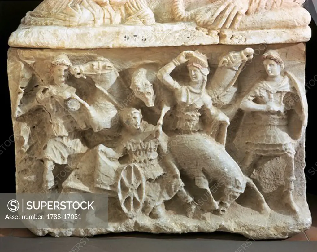 Etruscan funerary urn depicting sacrifice of Hippolytus, son of Theseus