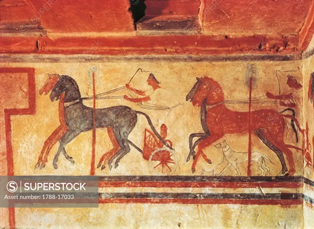 Etruscan fresco depicting chariot race, from Colle Casuccini tomb at Chiusi, Siena Province, Italy, 5th Century B.C.