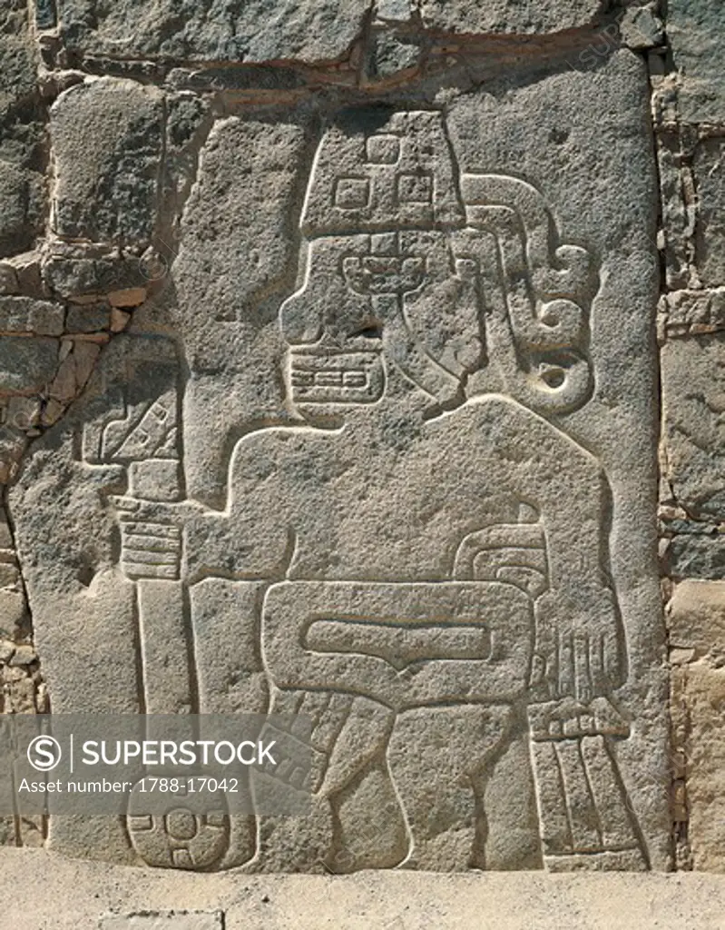 Pre-Inca relief depicting warrior holding war club, 12th Century