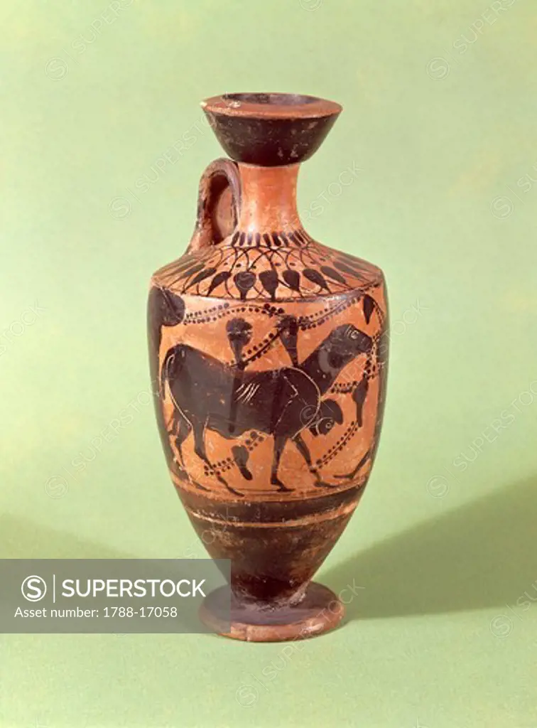 Black-figure pottery. Lekythos depicting Ulysses escaping from Cyclops' cave tied underneath ram, Greek civilization