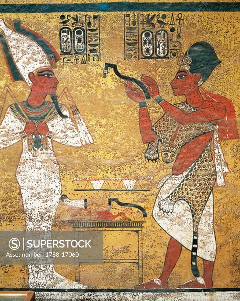 Pharaoh before Osiris, mural painting in Tomb of Tutankhamen