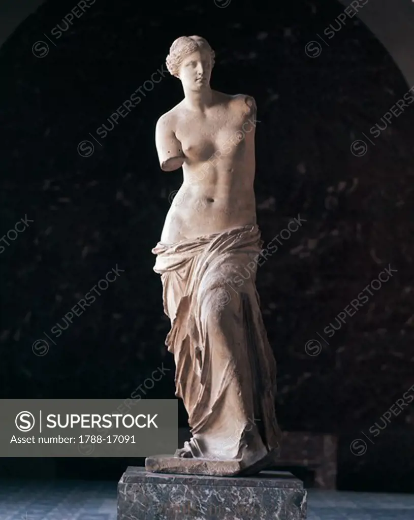 Marble statue of Aphrodite of Milos known as ""Venus de Milo"". From Island of Milos, Cyclades, Greece, Greek civilization, circa 100 B.C.