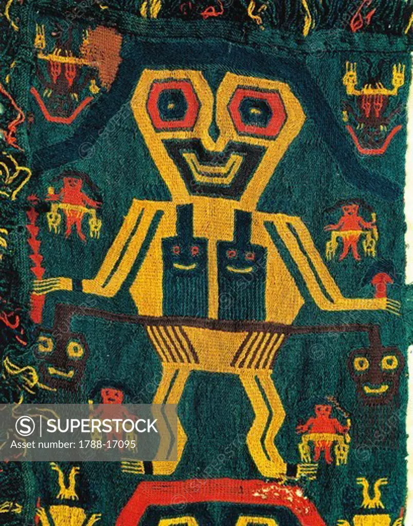 Woollen cloth for carpets with anthropomorphic figures. From Paracas necropolis, Peru, Pre-Inca civilization