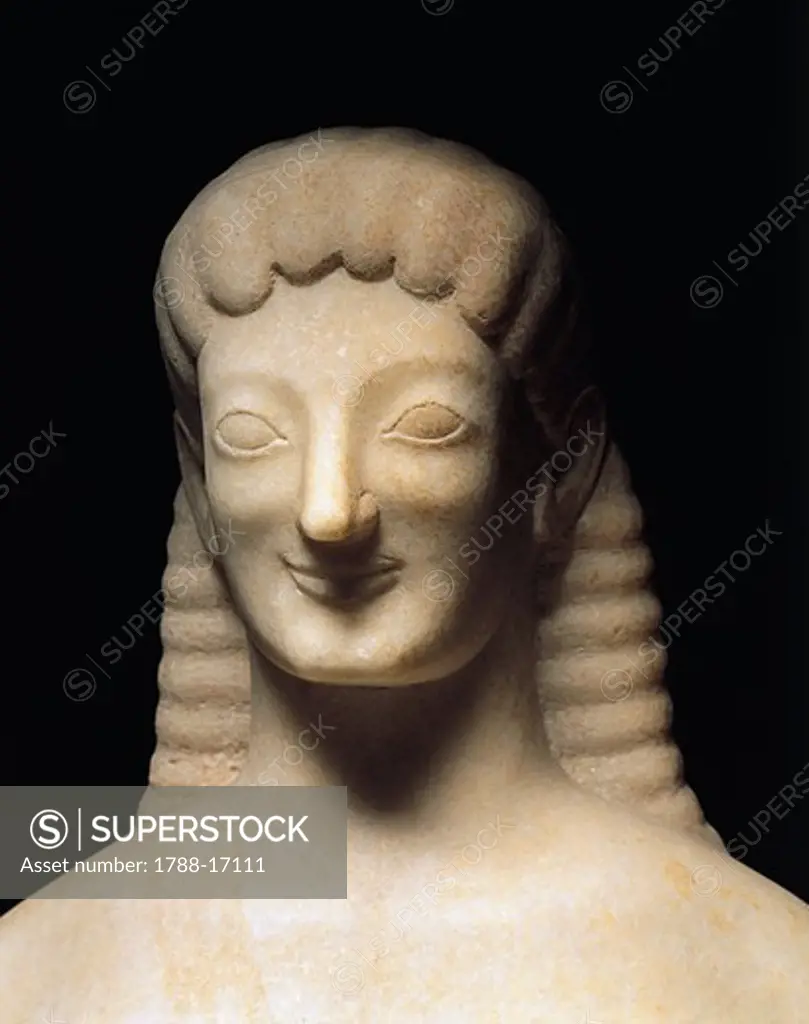 Cast sculpture of Apollo from Corinth, known as Kouros of Tenea, detail.