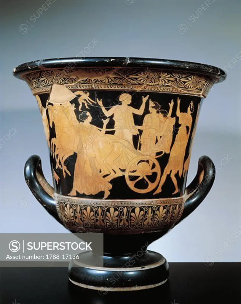 Red-figure pottery, Attic krater by Aison depicting scene of gigantomachy, from Etruscan necropolis of Spina, Emilia Romagna region, Italy