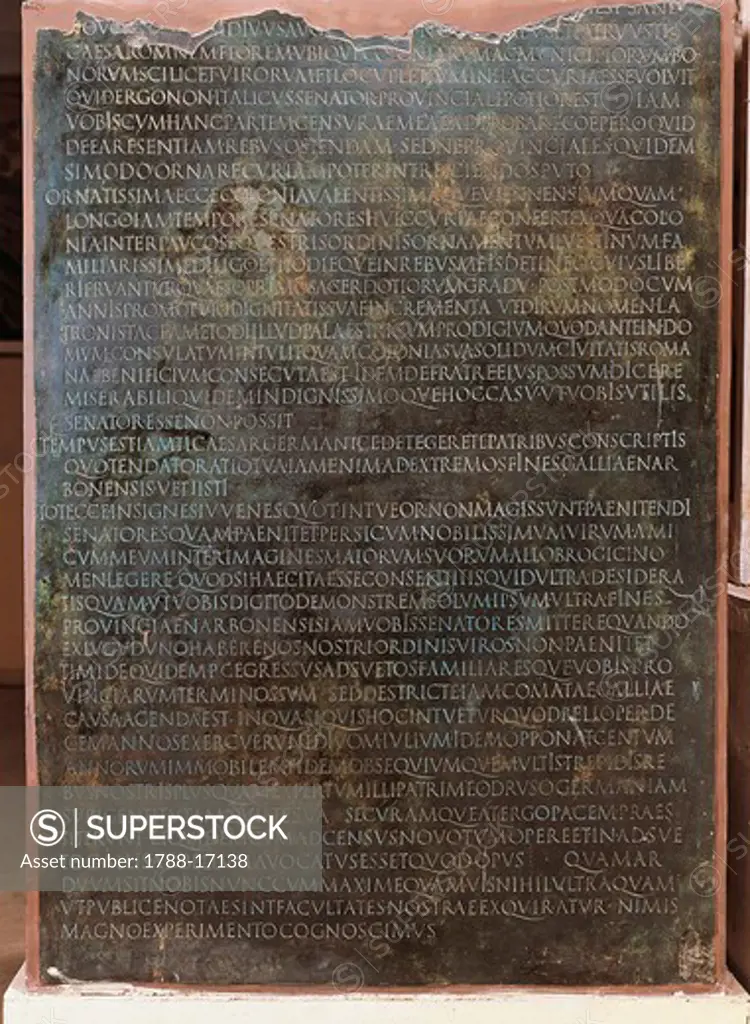 Inscription of speech of Claudius advocating admission of Gauls to senate, 48 A.D., from ancient Lugdunum (Lyon), France
