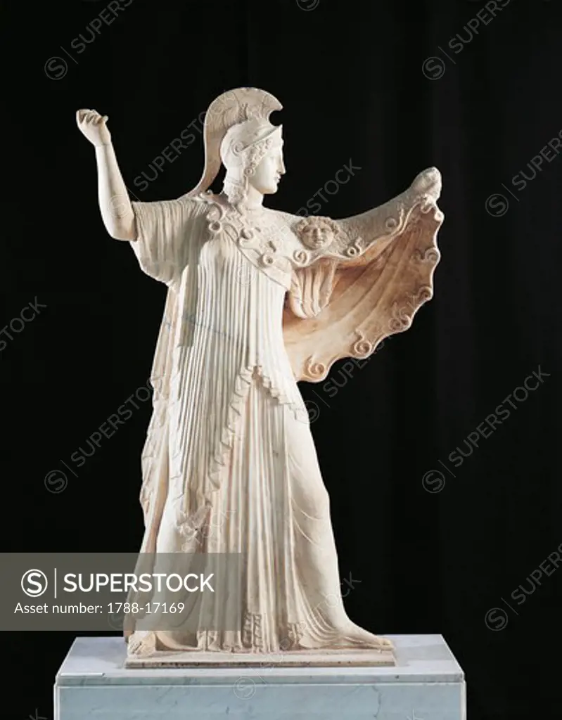 Statue of Athena Promachos from an original sculpture of the 5th century B.C. from the Villa of the Papyri at Ercolano, ancient Herculaneum, province of Naples, Italy, Roman civilization