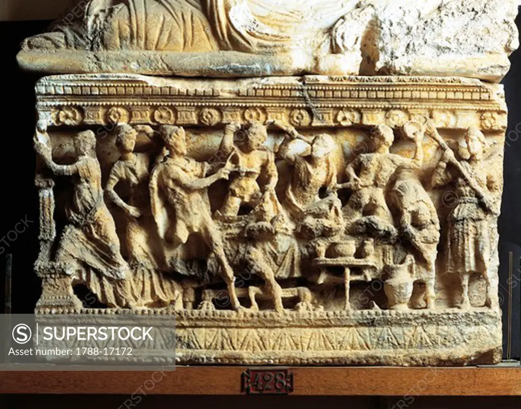 Alabaster urn depicting the killing of the suitors of Penelope or Proci, Etruscan civilization