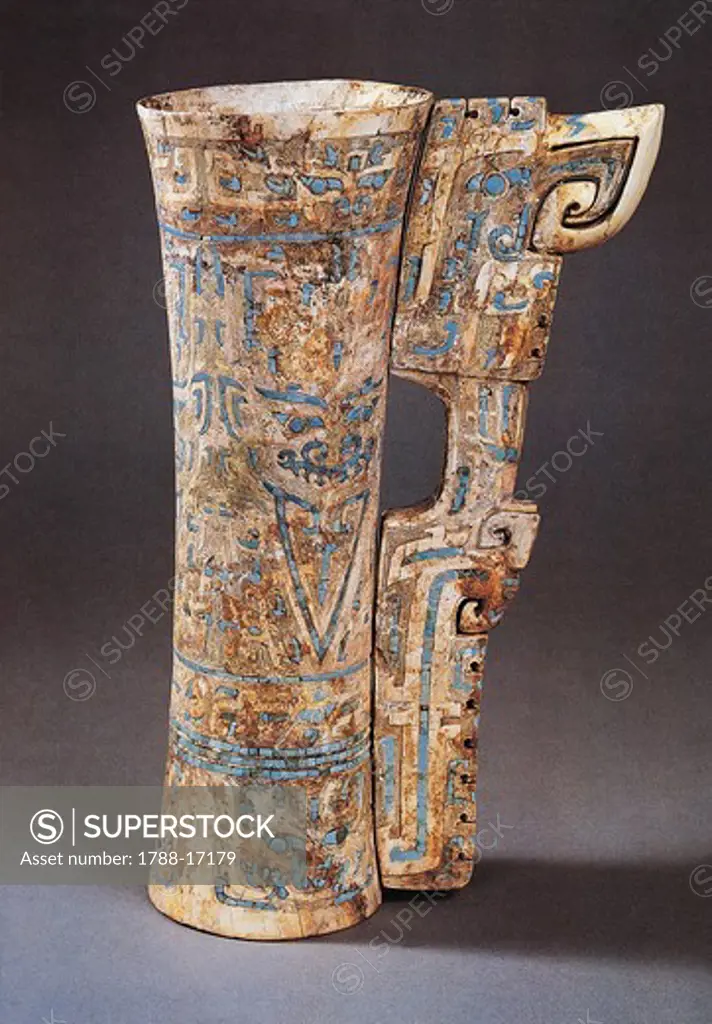 Ivory vase decorated with inlaid colored stones from Anyang, China, Shang Dynasty, Chinese civilization, 1300-1028 B.C.