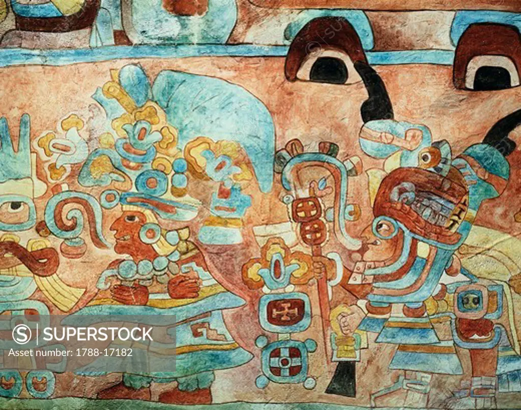 Reconstruction of the wall painting of the Temple of the Jaguars at Chichen Itza, Mexico, Mayan civilization