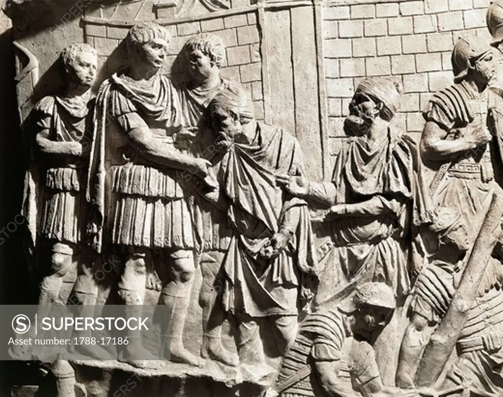 Cast of the Trajan's Column. Detail: Emperor Trajan receiving two barbarian chiefs, Roman civilization