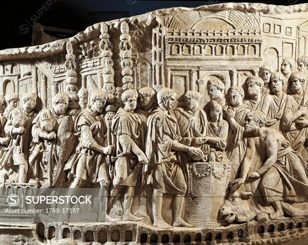 Cast of the Trajan's Column. Detail: Emperor Trajan sacrificing a bull to Neptune, Roman civilization