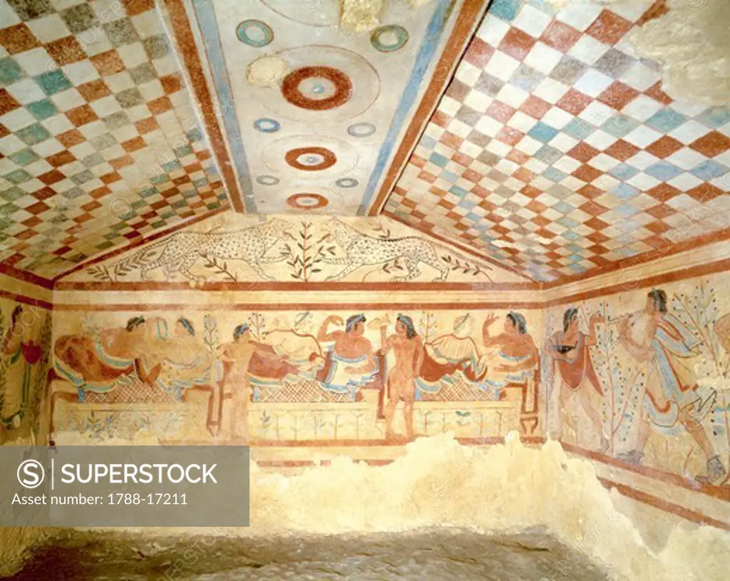 Italy, Latium region, Viterbo province, Tarquinia, Etruscan necropolis, tomb of the Leopards, fresco