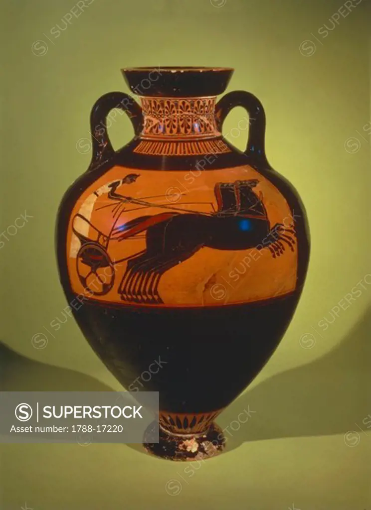 Black-figure pottery, panathenaic amphora depicting a racing chariot, Greek civilization