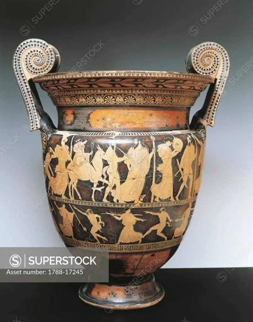 Red-figure pottery. Attic volute krater by the Kleophon Painter depicting the return of Hephaestus to Olympus from the tomb 57 C at Valle Trebba, Emilia Romagna region, Italy, 430 B.C.