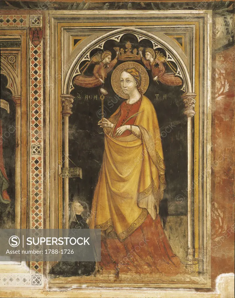 Italy - Emilia-Romagna Region - Bologna - St. Petronio's Basilica. Francesco Lola (15th century), St. Agatha, martyr's crown, fresco