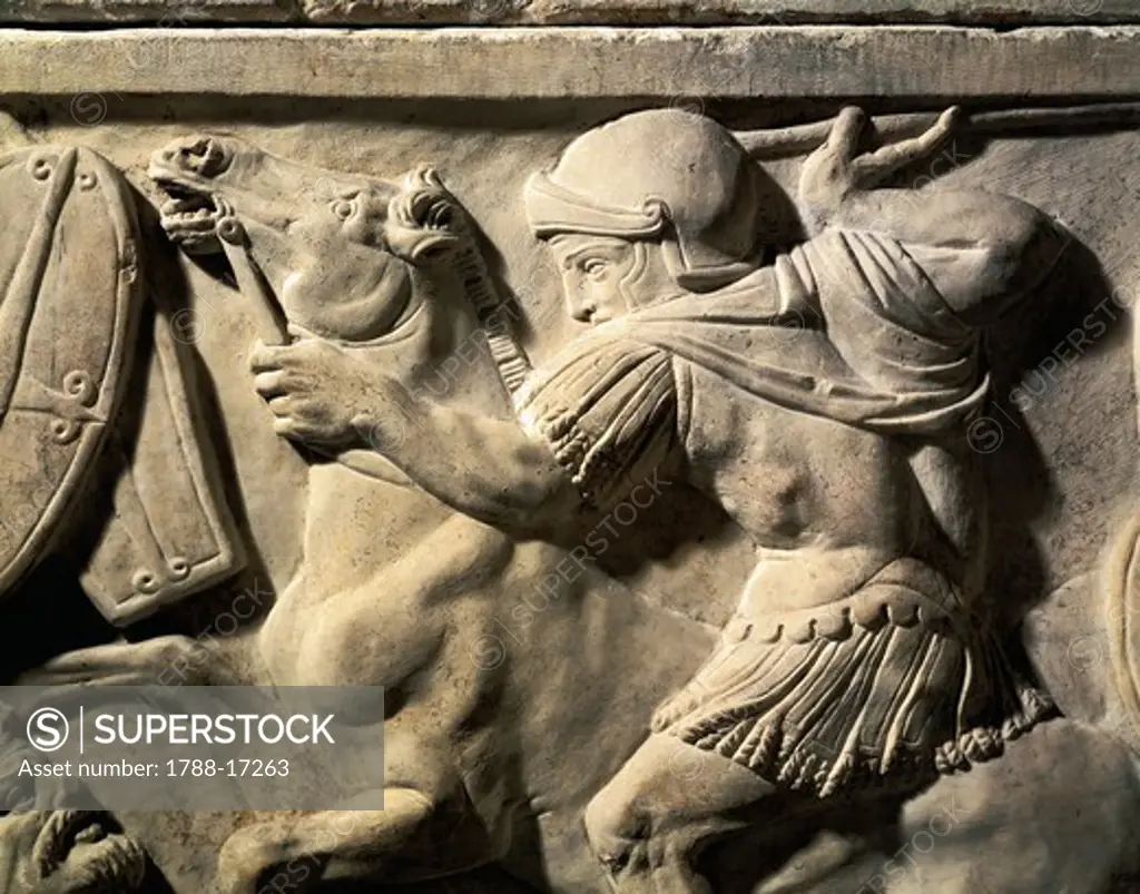 Sarcophagus Amendola, detail with Greek soldier on horseback