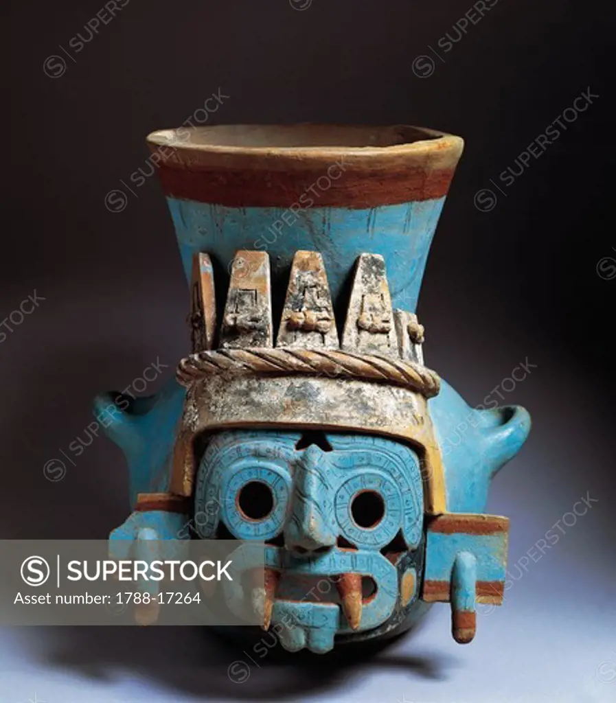 Mexico, Tenochtitlan, Templo Mayor (Main Temple), polychrome ceramic vase depicting Tlaloc, god of rain