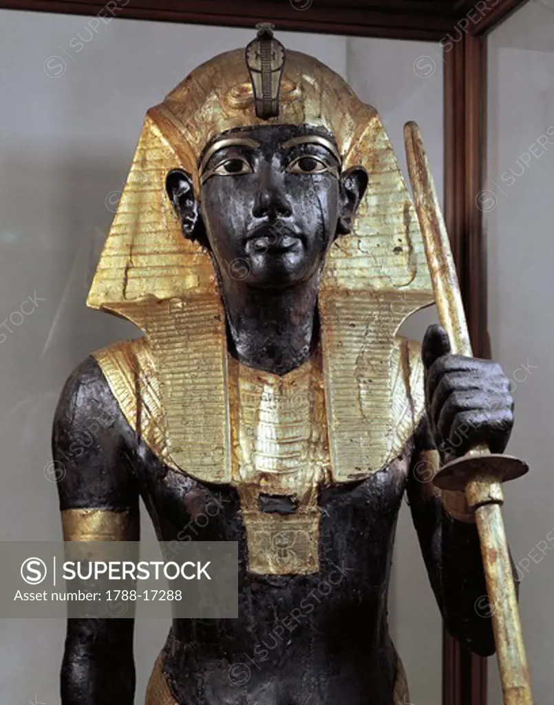 Treasure of Tutankhamen, wood, gold and bronze statue of sun god, Horakhty