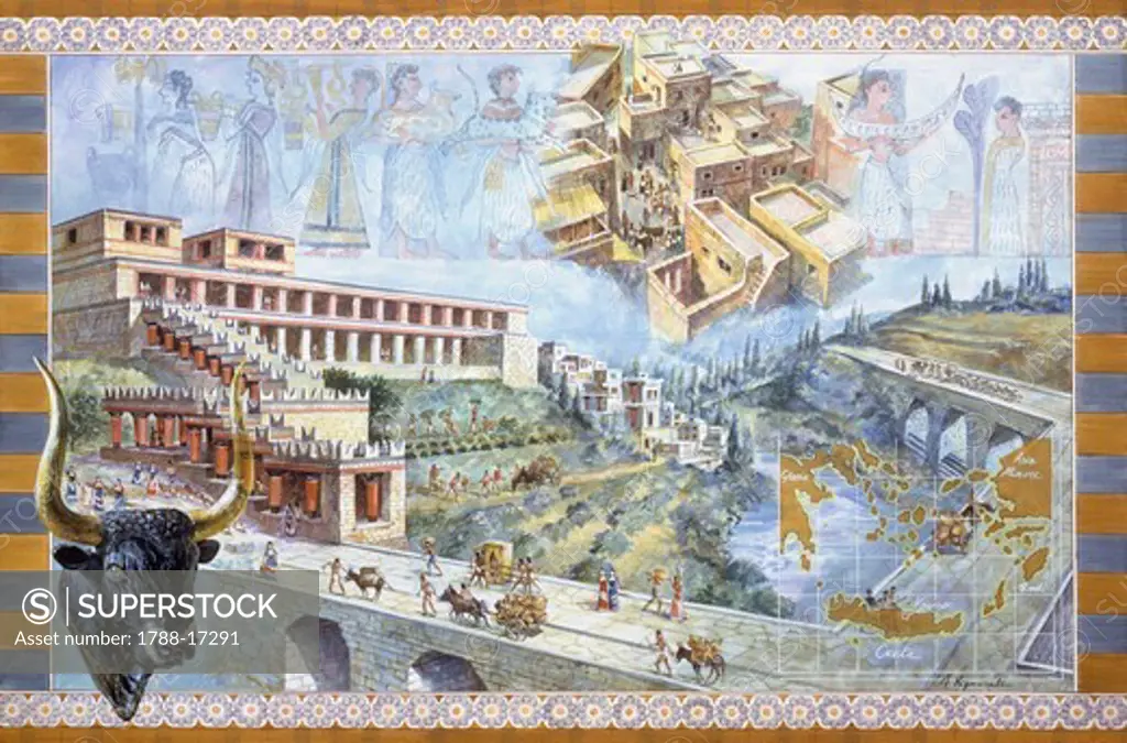 Greece, Crete, Reconstructed Knossos Palace, illustration